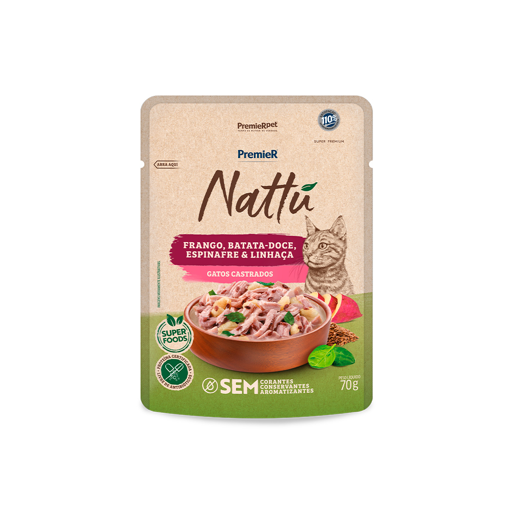 Ração Úmida Premier Nattu para Gatos Castrados Sabor Frango, Batata-Doce, Espinafre e Linhaça 70 g