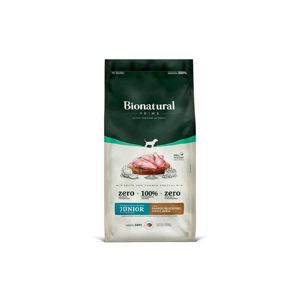 Ração Bionatural Prime para Cães Filhotes de Raças Médias e Grandes Sabor Frango, Blueberry, Coco e Aveia