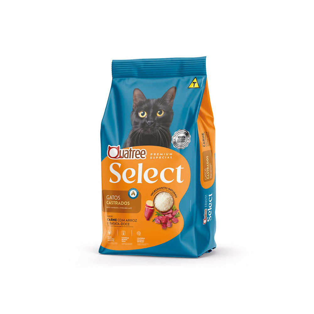 Ração Quatree Select para Gatos Castrados Sabor Carne com Arroz e Batata Doce