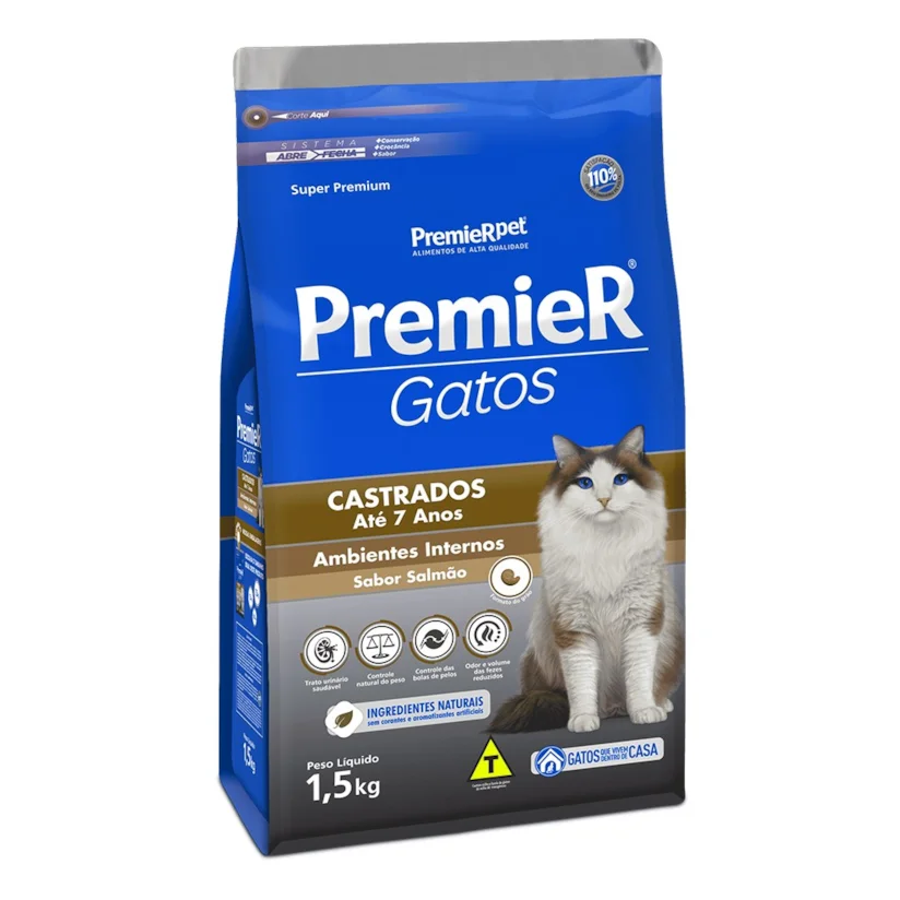 Ração Premier Gatos Castrados Até 7 Anos Ambientes Internos Salmão 1,5kg