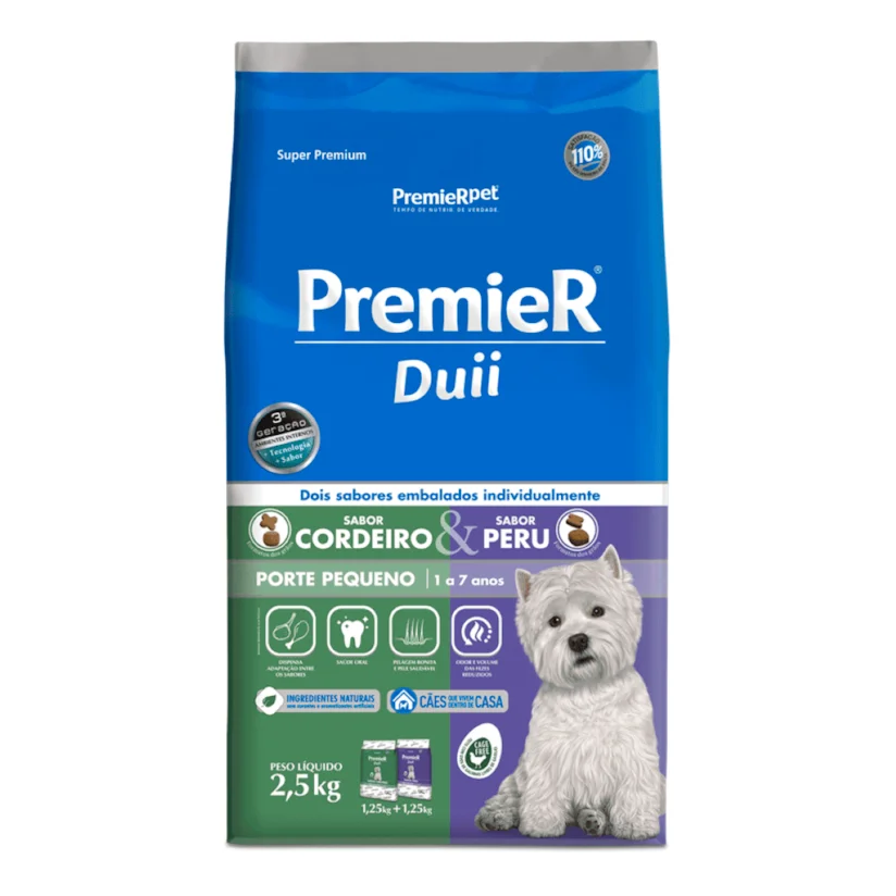 Ração Premier Duii Cães Adultos Ambientes Internos Peru e Cordeiro 2,5kg
