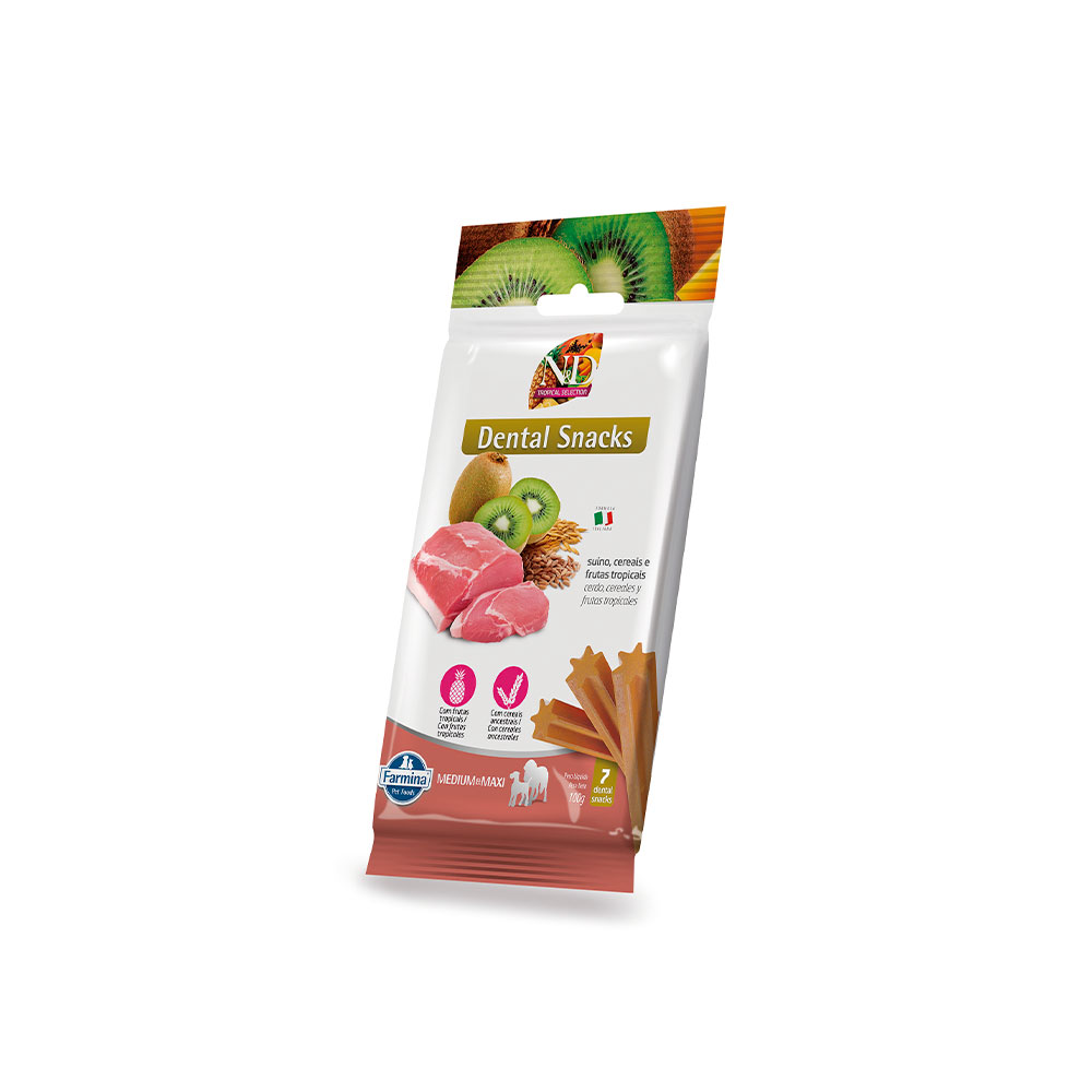 Snack N&D Dental Tropical para Cães de Médio e Grande Porte Sabor Suíno, Cereais e Frutas Tropicais 100 g