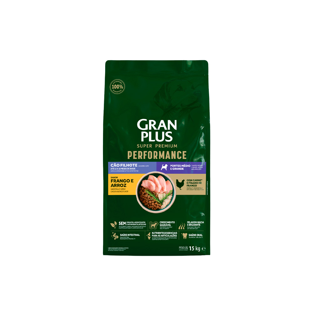 Ração GranPlus Performance para Cães Filhotes de Médio e Grande Porte Sabor Frango e Arroz