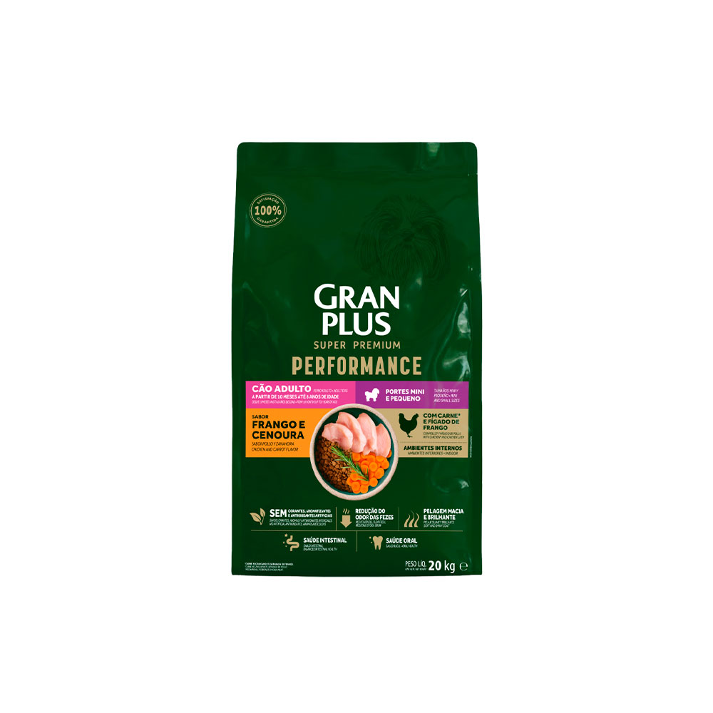 Ração GranPlus Performance para Cães Adultos de Porte Mini e Pequeno Sabor Frango e Cenoura
