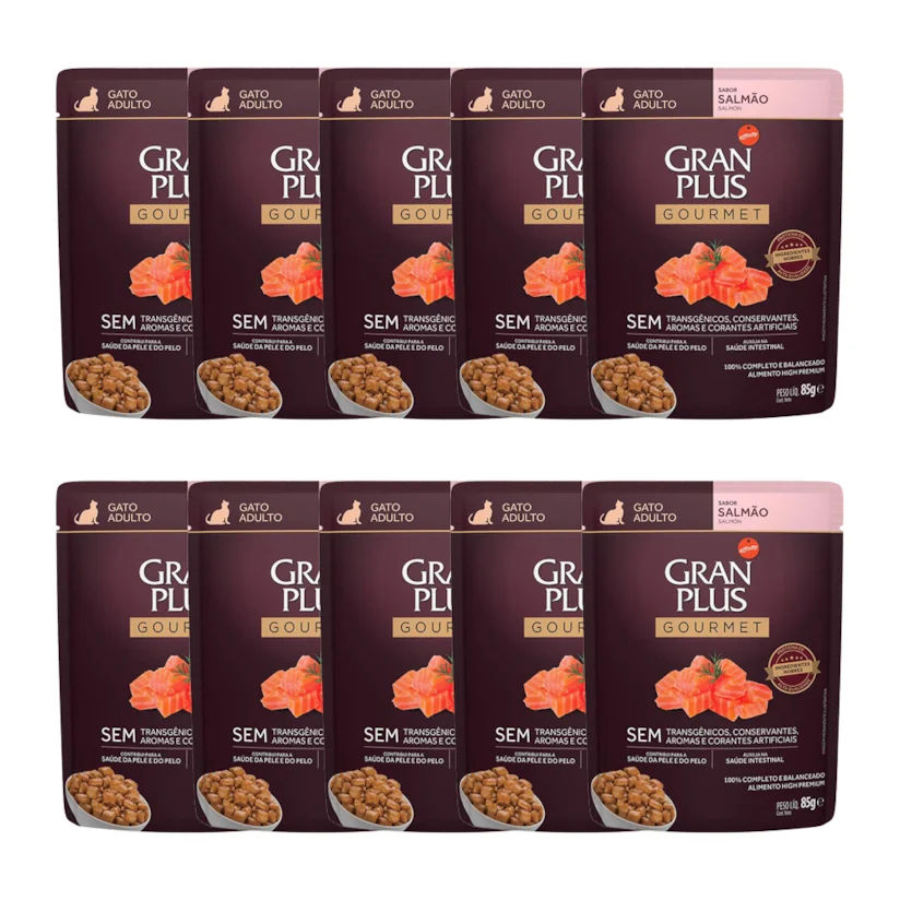 Kit 10 Rações Úmidas Gran Plus Sachê Gatos Gourmet Adultos Salmão 85g