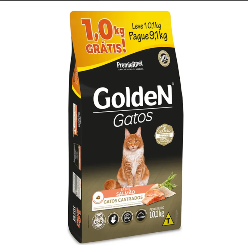 Ração Premier Golden para Gatos Adultos Castrados Salmão Leve 10,1kg e Pague 9,1kg