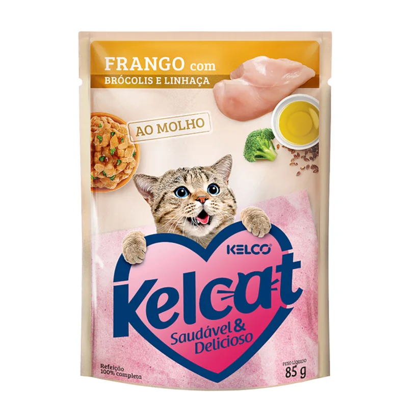 Ração Úmida Kelcat Sachê Frango, Brócolis e Linhaça 85g