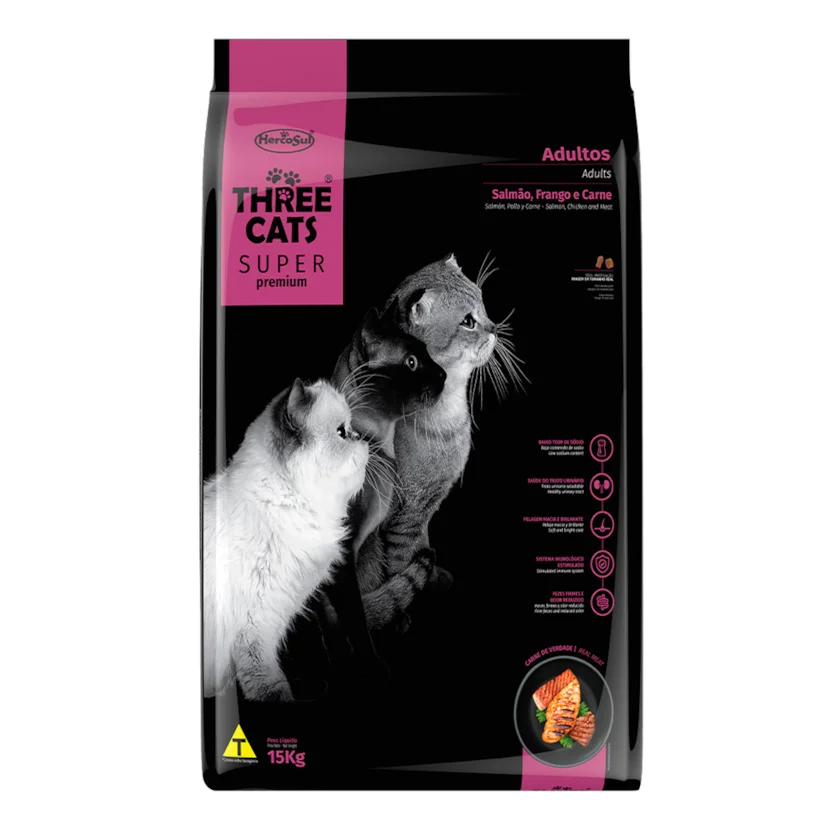 Ração Gatos Three Cats Super Adultos Salmão e Frango 500g