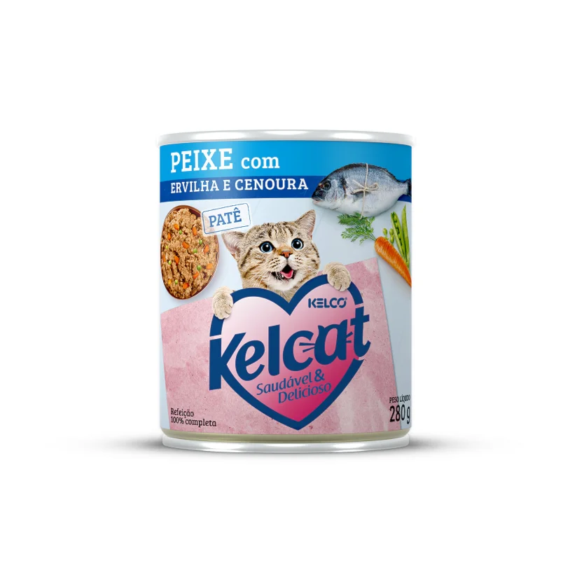 Ração Úmida Kelcat Lata Peixe, Ervilha e Cenoura 280g