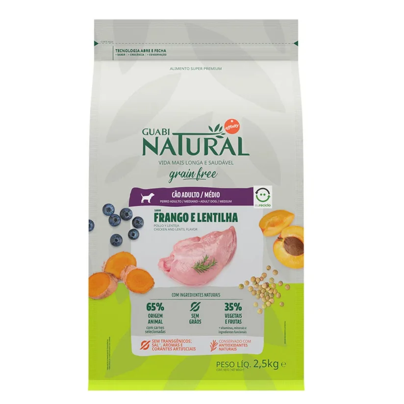 Ração Guabi Natural Cães Grain Free Adultos Raças Médias Frango e Lentilha 2,5kg