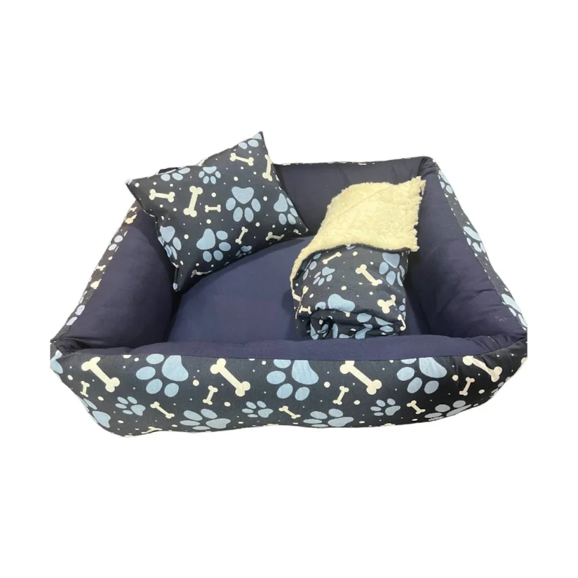 Kit Cama Manta Travesseiro CamaPet para Cães e Gatos Ossinho Azul P