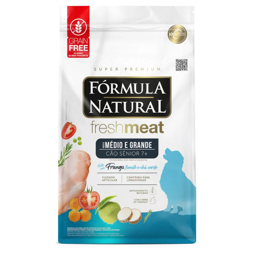 Ração Fórmula Natural Cães Fresh Meat Sênior Raças Médias e Grandes Sabor Frango, Tomate e Chá verde 12kg