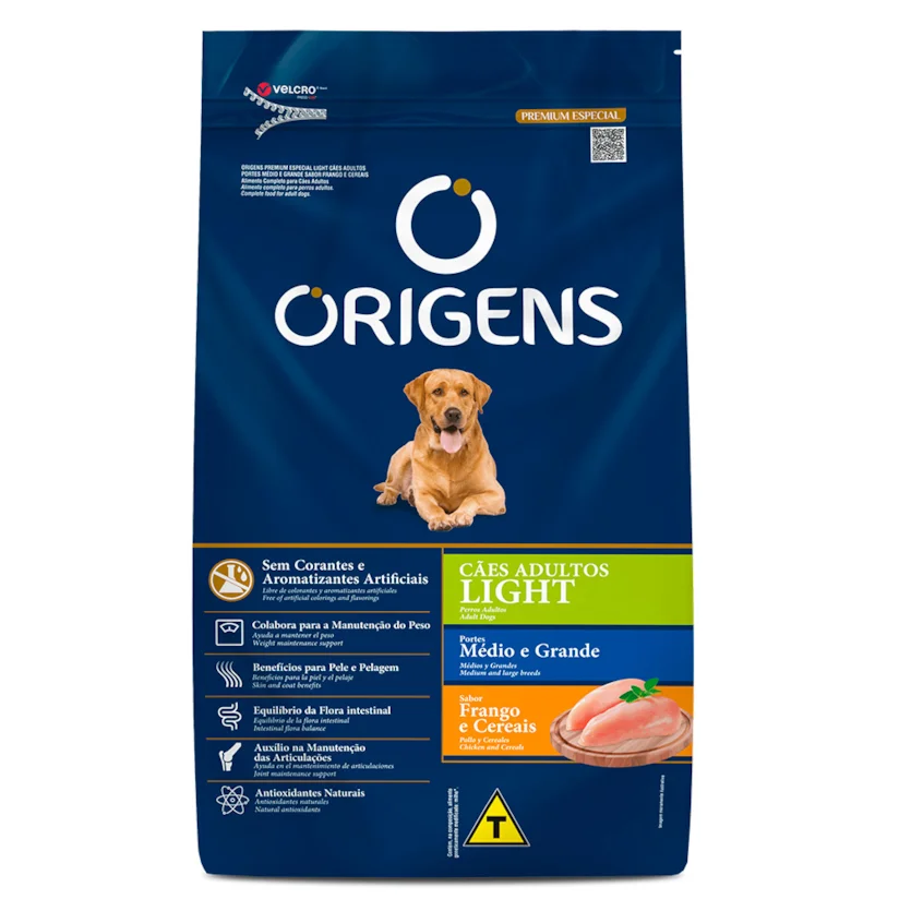 Ração Origens Cães Adultos Light Raças Médias e Grandes Frango e Cereais 15kg