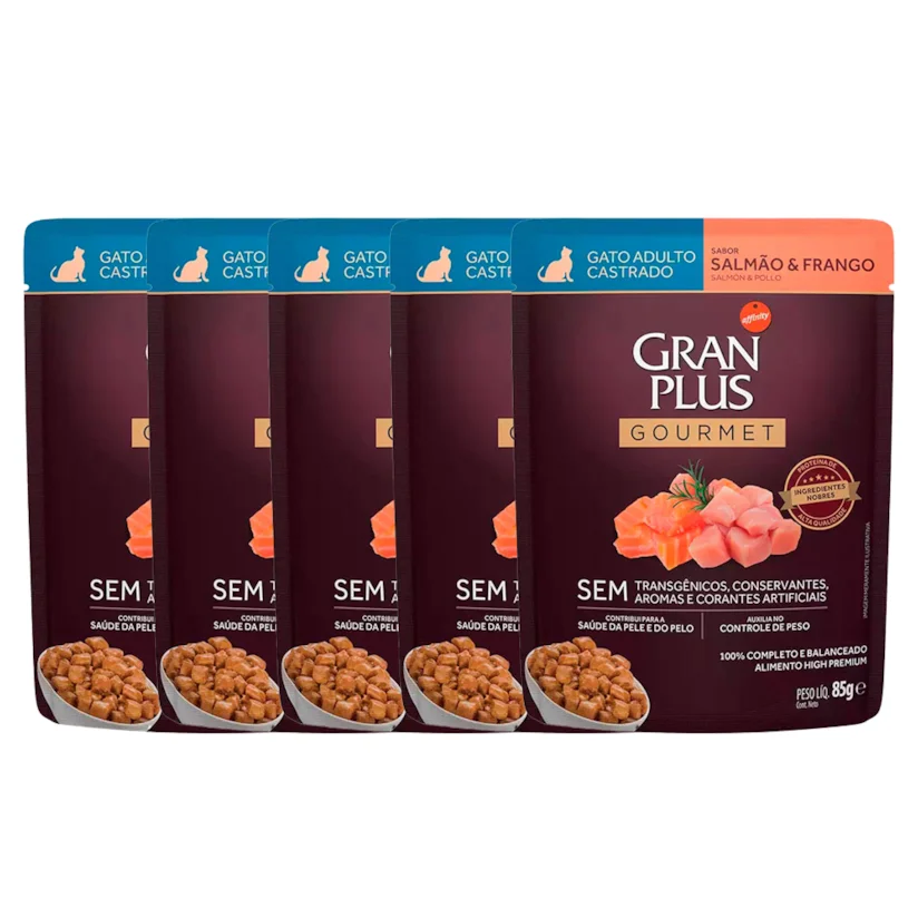 Kit 5 Rações Úmidas Gran Plus Sachê Gatos Gourmet Castrados Salmão e Frango 85g