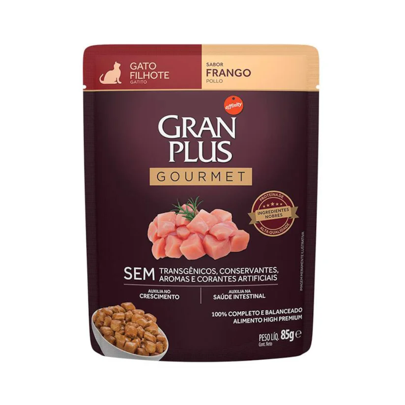 Ração Úmida Gran Plus Gourmet Gatos Filhotes Frango Sachê 85g