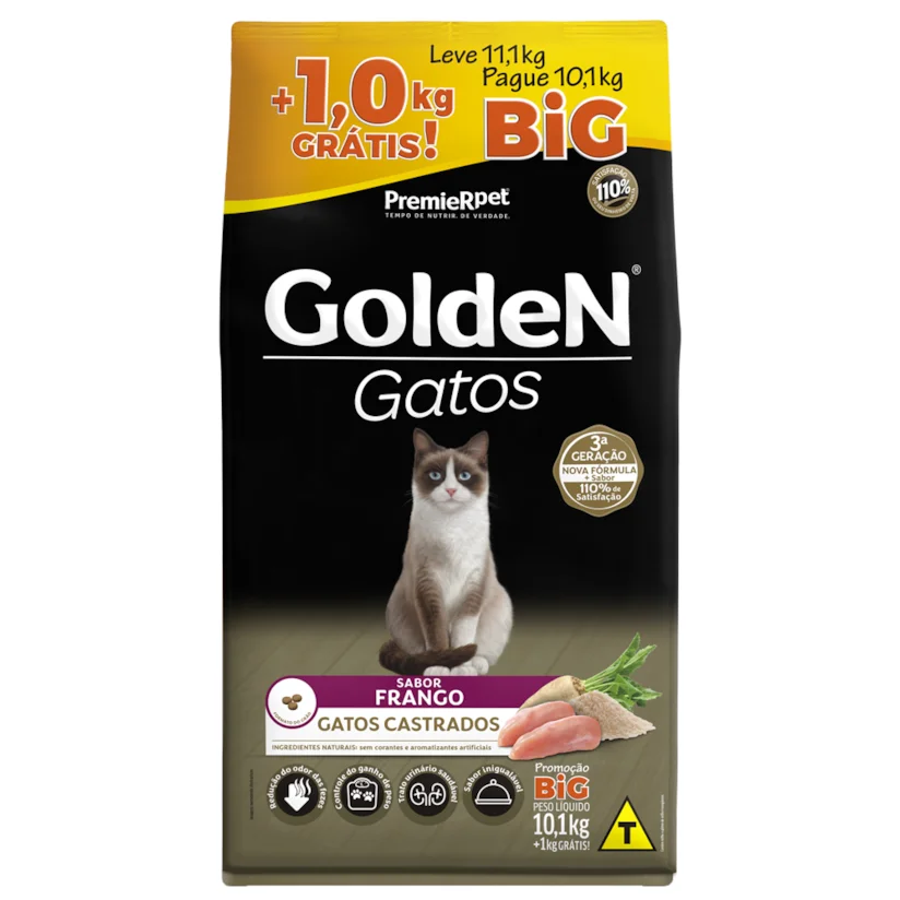 Ração Premier Golden para Gatos Adultos Castrados Frango Bônus Bag 11,1kg