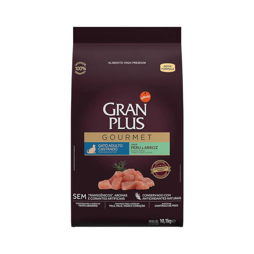 Ração Gran Plus Gourmet Gatos Adultos Castrados Peru e Arroz 10,1kg