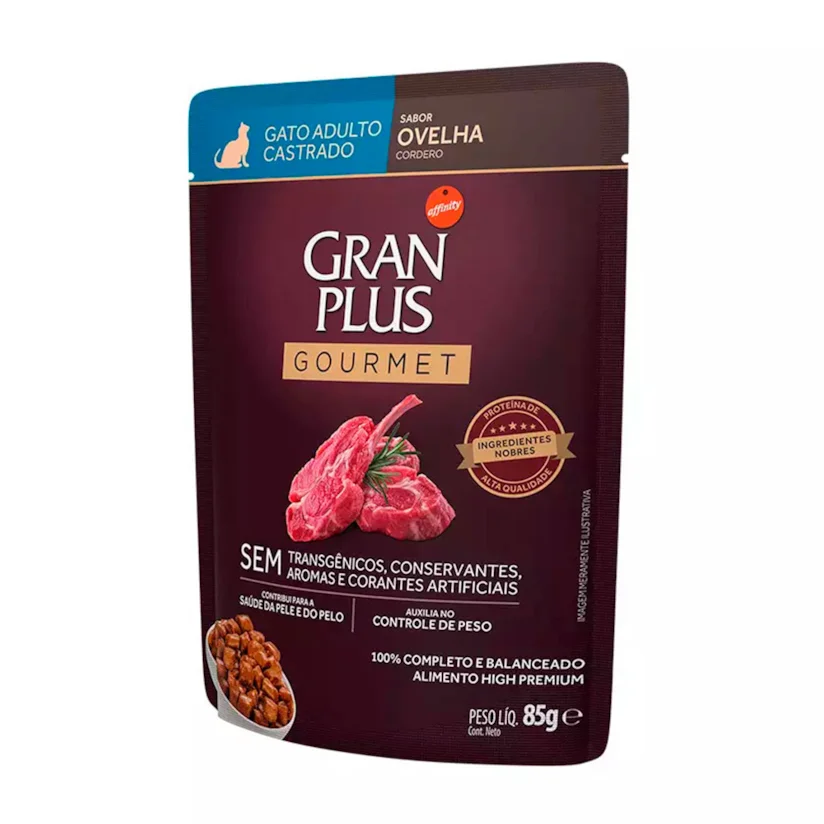 Ração Úmida Gran Plus Gourmet Gatos Castrados Ovelha Sachê 85g