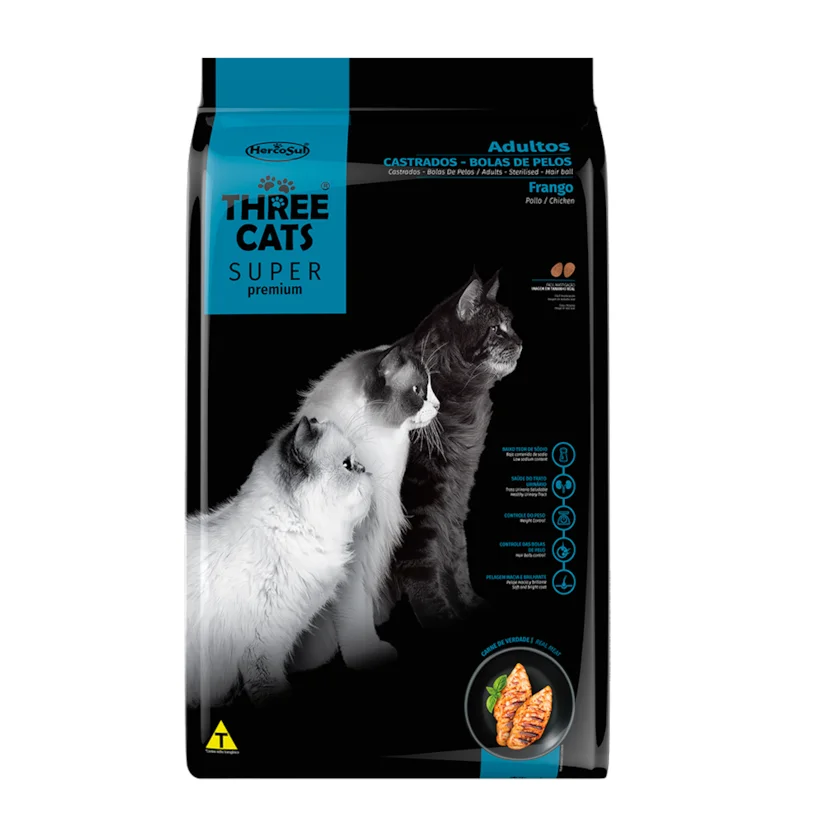 Ração Gatos Three Cats Super Bola Pelo Castrados Frango 10,1kg