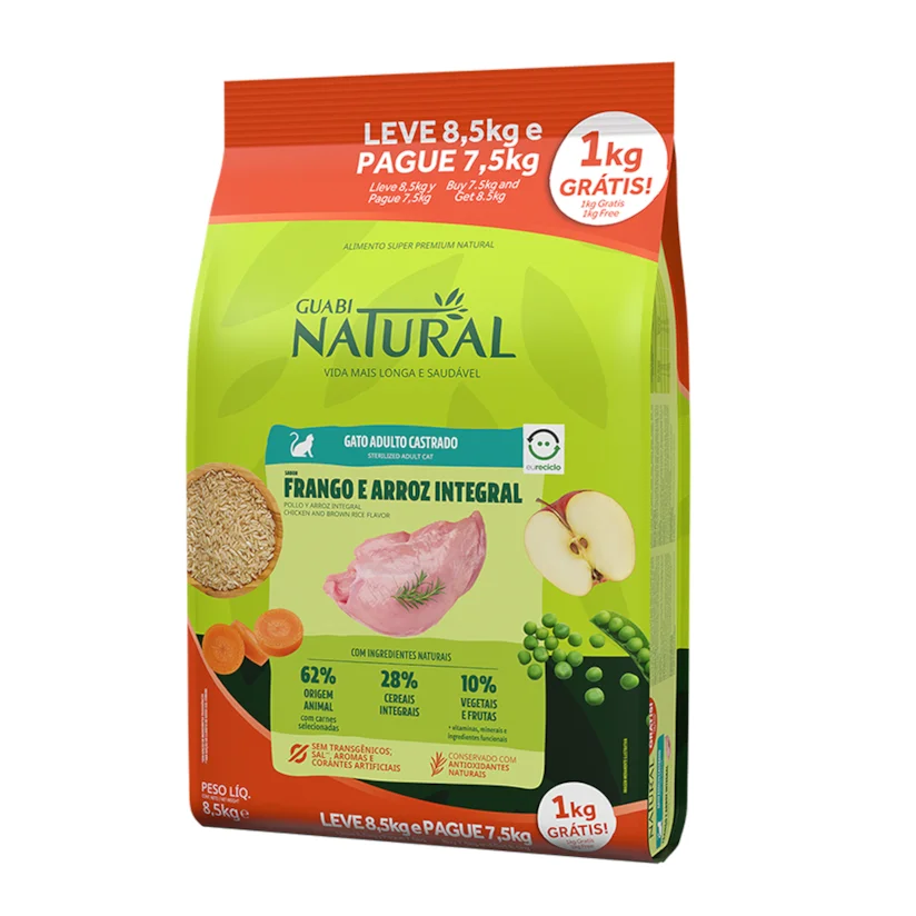 Ração Guabi Natural Gatos Castrados Frango e Arroz Integral 8,5kg