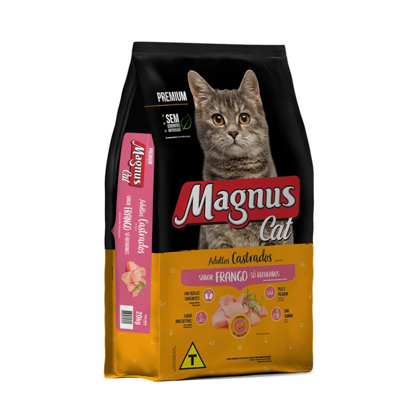 Ração Magnus Cat Premium Gatos Adultos Castrados Sabor Frango Só Recheados 20kg