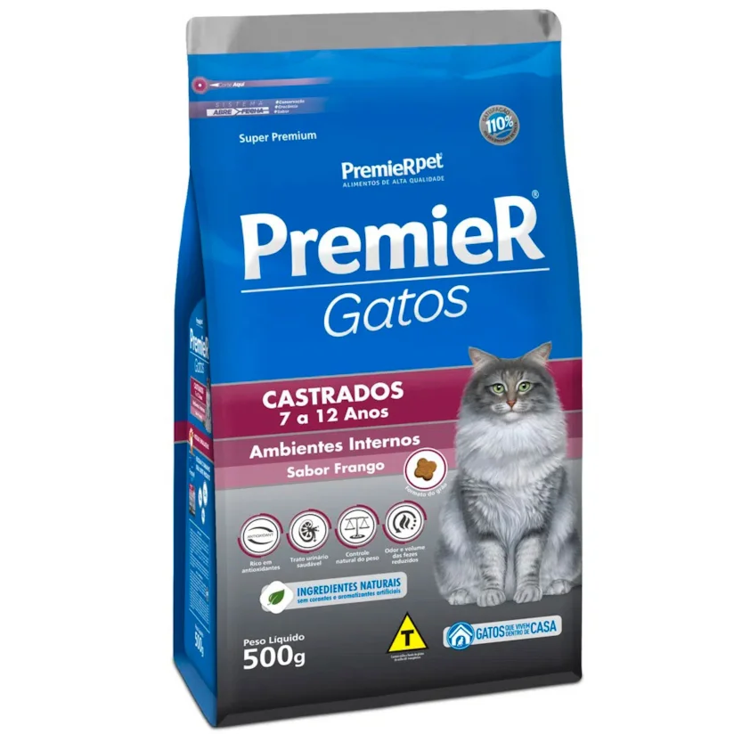 Ração Premier Gatos Castrados 7 a 12 Anos Ambientes Internos Frango 500g