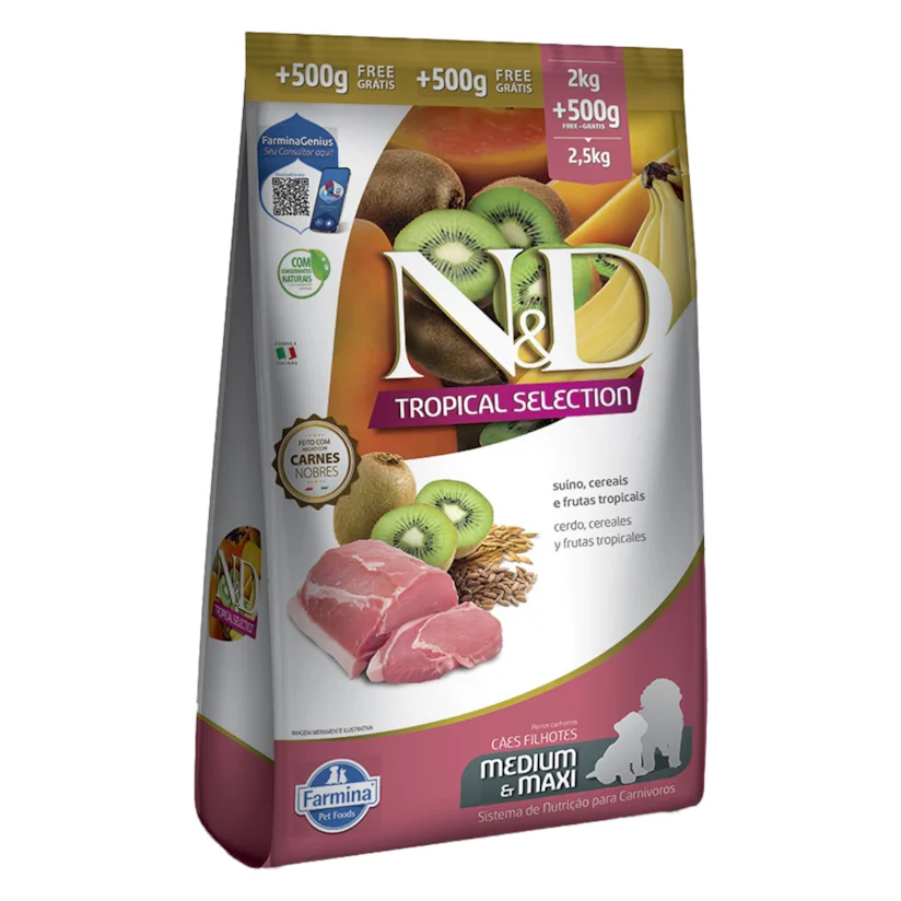 Ração ND Tropical Selection Para Cães Puppy Medium e Maxi Suino Leve 2,5kg e Pague 2kg