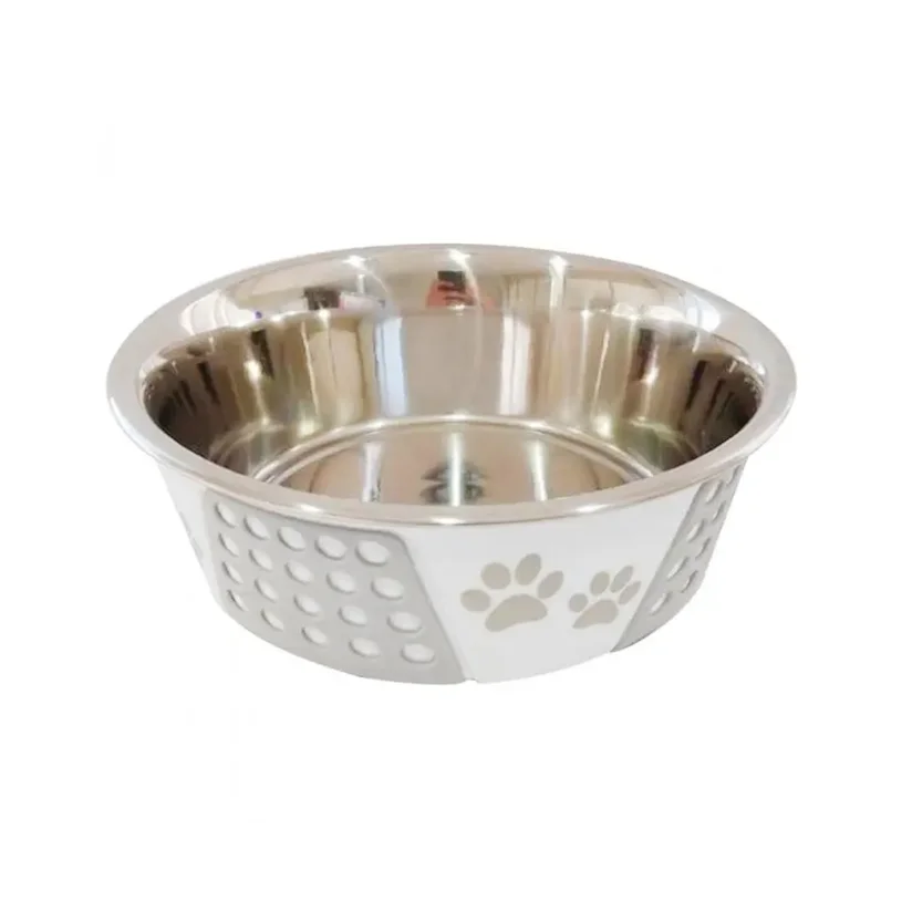 Comedouro Cães The Pets Inox Decorado Pata Bolinha Cinza 880ml