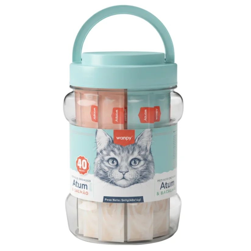 Petisco para gatos Wanpy Creamy sabor Atum e Salmão + Atum e Bacalhau com 40 tubos de 14g