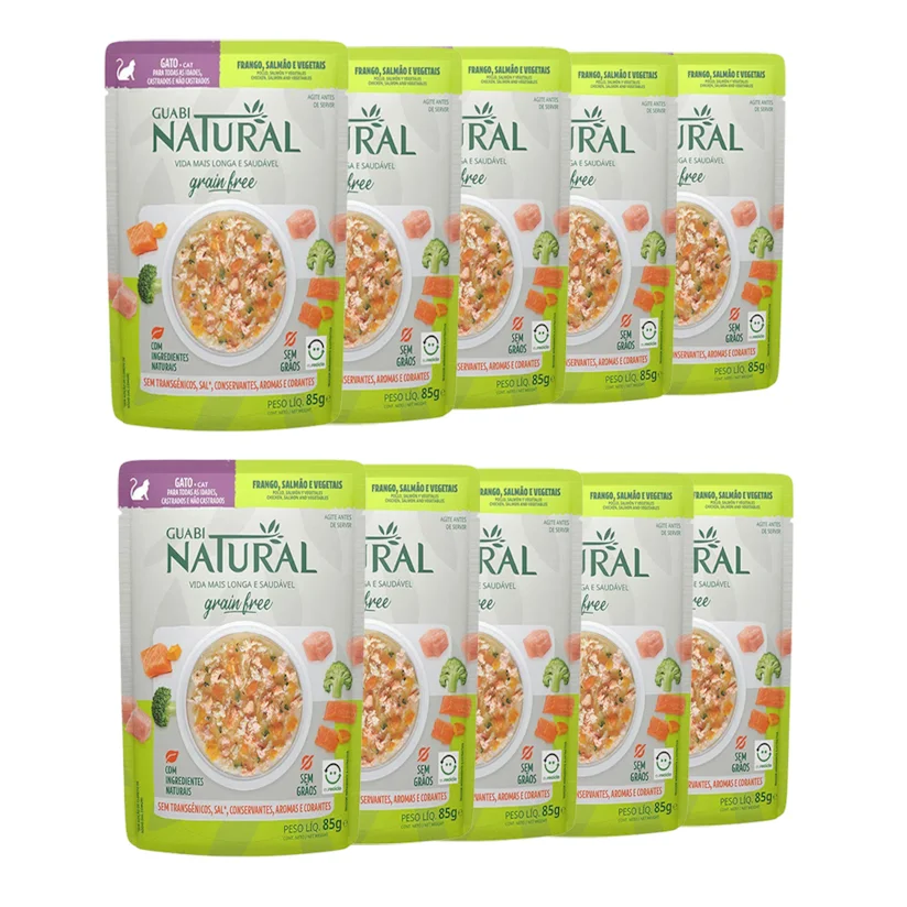 Kit 10 Rações Úmida Guabi Natural Grain Free Sachê Gatos Castrados Salmão E Frango 85g