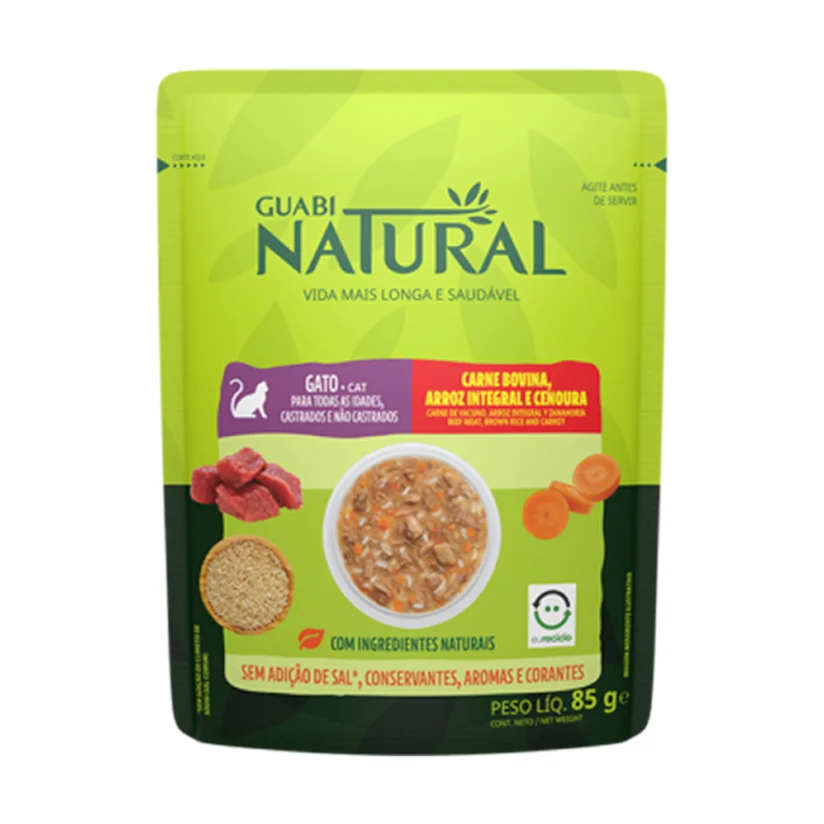 Ração Úmida Guabi Natural Gatos Carne, Arroz e Cenoura 0,85g
