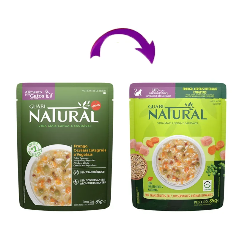 Ração Úmida Guabi Natural Sache Gatos Frango, Cereais Integrais e Vegetais 85g
