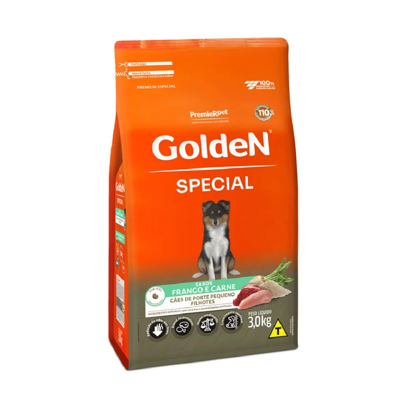 Golden Special Cães Filhotes Pequeno Porte Frango e Carne 3kg