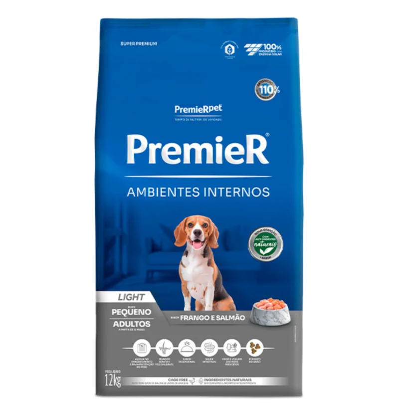 Ração Premier Ambientes Internos Cães Adultos Light Raças Pequenas Frango E Salmão 12kg