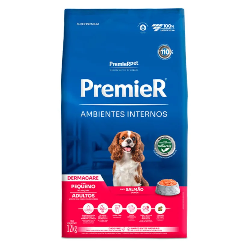 Ração Premier Ambientes Internos Cães Adultos Dermacare Raças Pequenas Salmão 12kg
