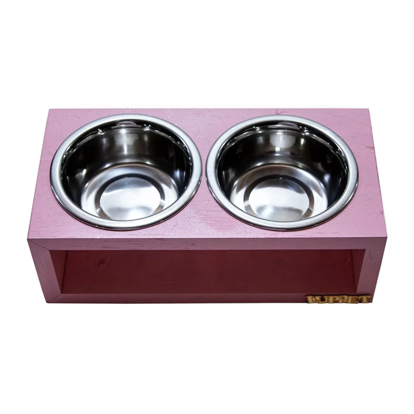 Comedouro Duplo Para Cães e Gatos Madeira Com Potes Inox Luppet Rosa