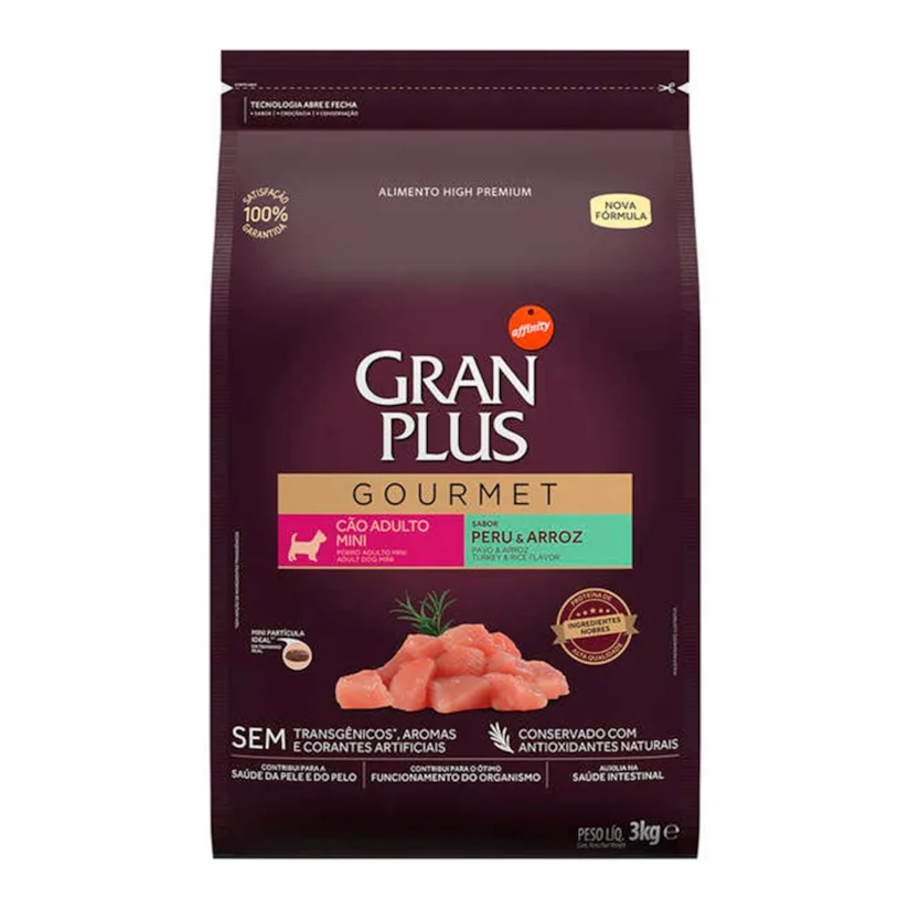 Ração Gran Plus Gourmet Cães Adultos Porte Mini Peru e Arroz 3kg