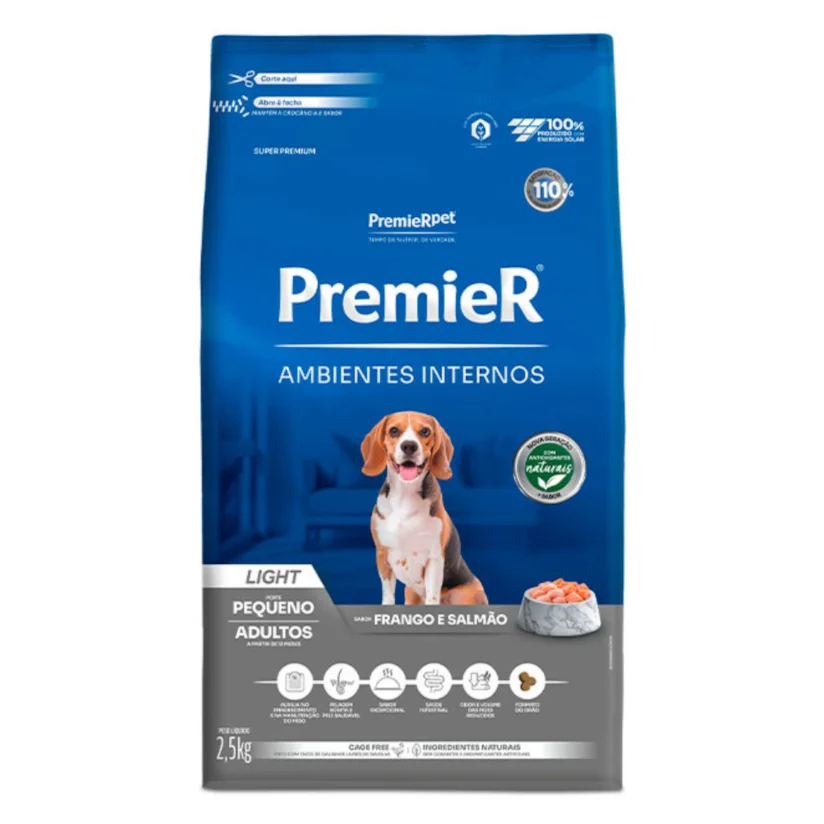 Ração Premier Ambientes Internos Cães Adultos Light Raças Pequenas Frango E Salmão 2,5kg