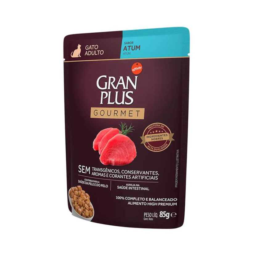 Ração Úmida Gran Plus Gourmet Gatos Adultos Atum Sachê 85g com 10 Unidades