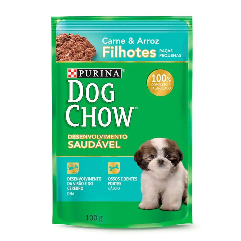 Ração Úmida Dog Chow Sachê Filhotes Carne e Arroz Raças Pequenas 100g