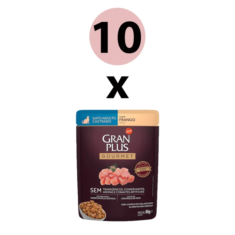 Ração Úmida Gran Plus Gourmet Gatos Adultos Castrado Frango Sachê 85g com 10 Unidades